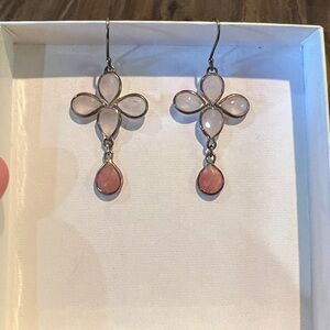 Beautiful Silver hook earrings with Pink Flower Teardrop style Earrings!!